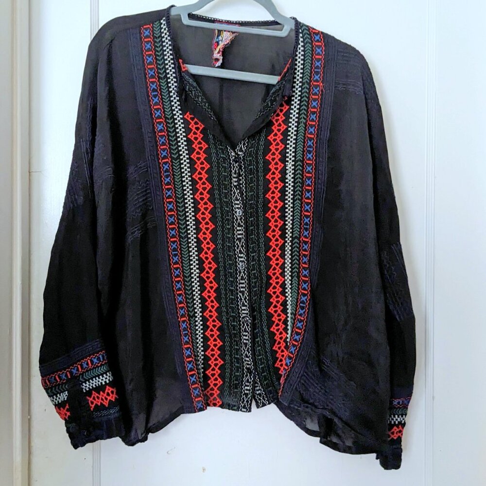 Johnny Was Ethnic Embroidered Top Boho Cupra Rayon Black Size S